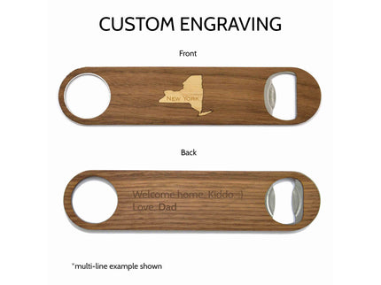 Wooden bottle opener with engraved text on a white background