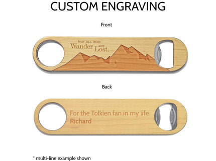 Wooden bottle opener with engraved text on a white background