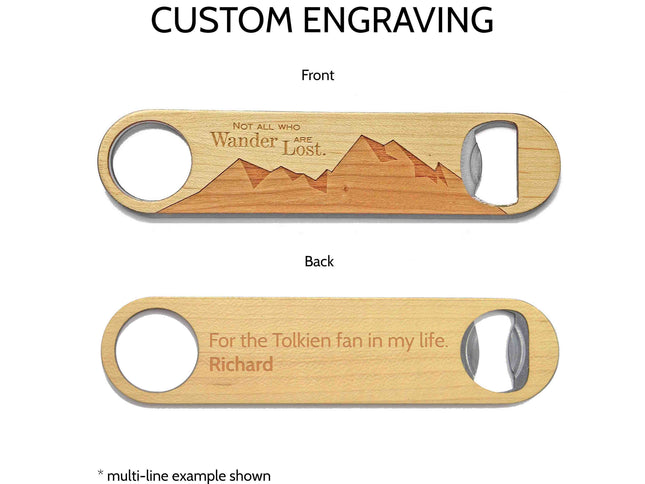 Wooden bottle opener with engraved text on a white background
