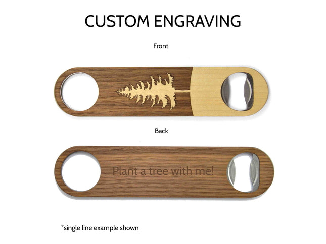 Wooden bottle opener with engraved design and text on a white background