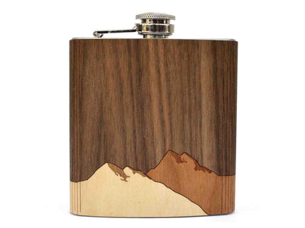 Wooden flask with mountain design on a white background