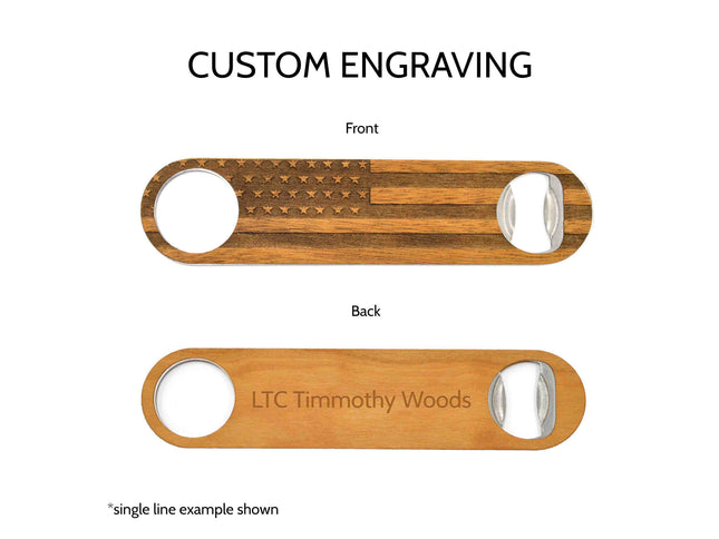 Wooden bottle opener with American flag design on front and engraving on back, on a white background.