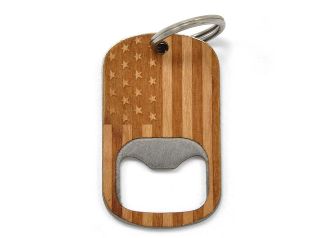 Wooden bottle opener keychain with American flag design on a white background