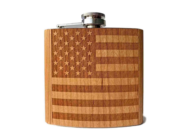 Wooden flask with American flag design on a white background