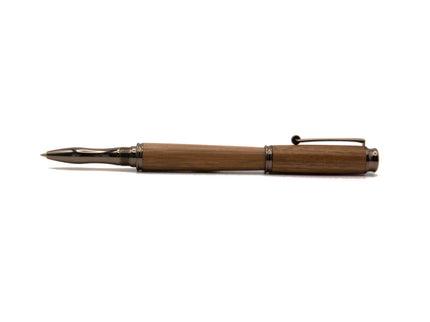 Wooden pen with metal accents on a white background