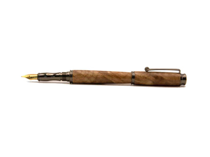Wooden pen with gold accents on a white background