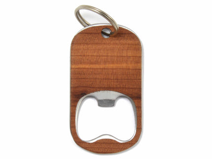 Wooden bottle opener with metal ring on a white background