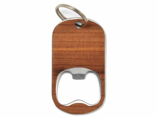 Wooden bottle opener with metal ring on a white background