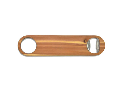 Wooden bottle opener with two circular cutouts on a white background