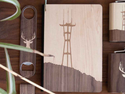Wooden bottle opener, journal, and flasks with various designs