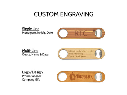 Wooden bottle openers with customizable engraving options on a white background