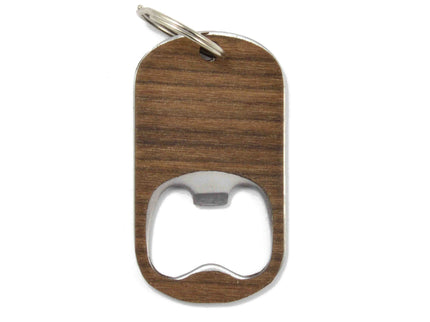 Wooden bottle opener keychain on a white background