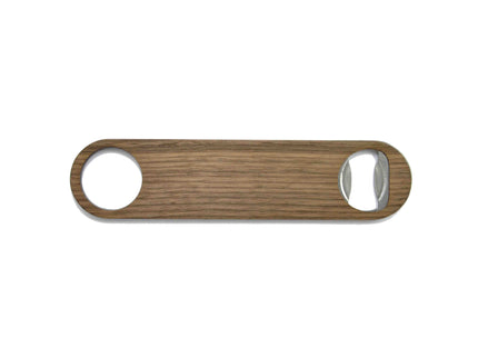 Wooden bottle opener with metal components on a white background