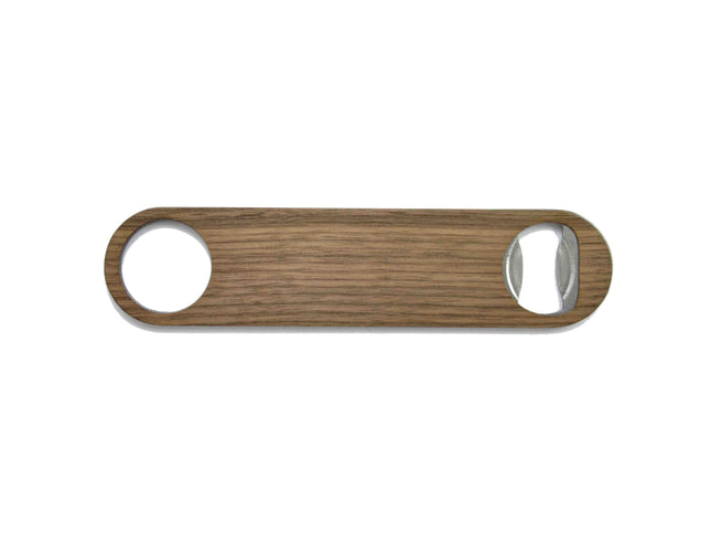 Wooden bottle opener with metal components on a white background