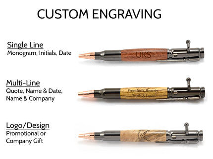 Three custom engraved pens with different engraving options on a white background: Single line (name), multi-line (quote), and logo design