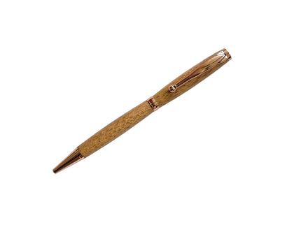 Wooden pen with gold accents on a white background