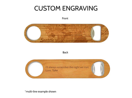 Wooden bottle opener with engraved text on a white background