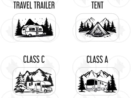 Set of black and white camping-themed icons including travel trailer, tent, Class C, and Class A RVs.