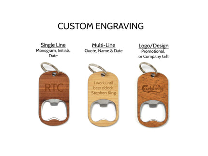 Wooden bottle openers with customizable engraving options on a white background