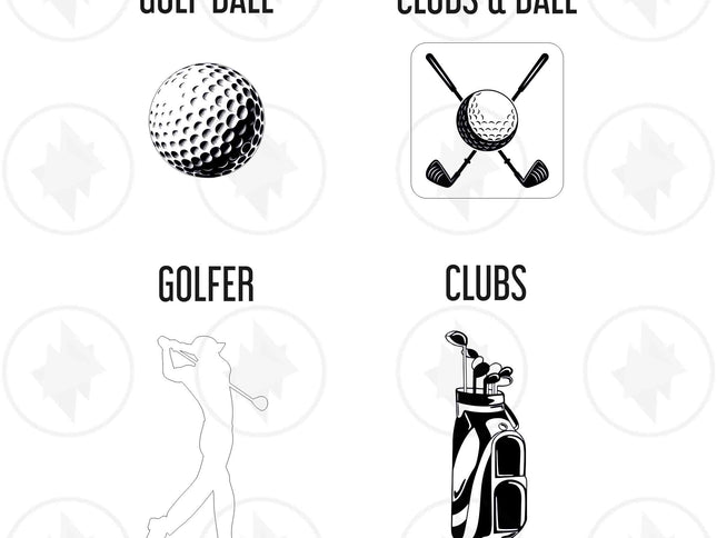 Set of icons representing golf elements including a golf ball, clubs, golfer, and golf bag on a white background.