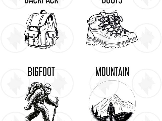 Set of icons representing backpack, boots, Bigfoot, and mountain on a white background.