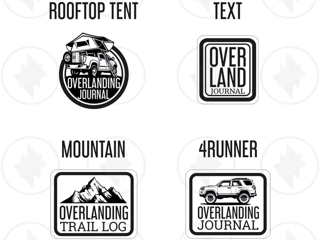 Set of black and white overlanding-themed stickers on a white background