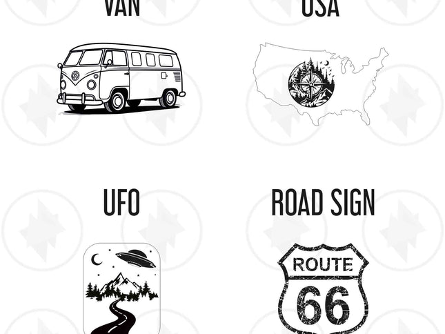 Set of black and white icons including a van, USA map, UFO, and Route 66 sign on a white background.