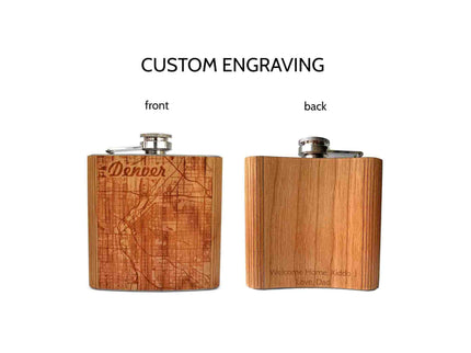 Two wooden flasks with engraved text, one showing 'Denver' and the other a map, on a white background.