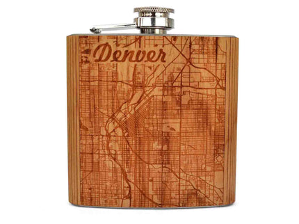 Wooden flask with engraved map design and 'Denver' text on a white background