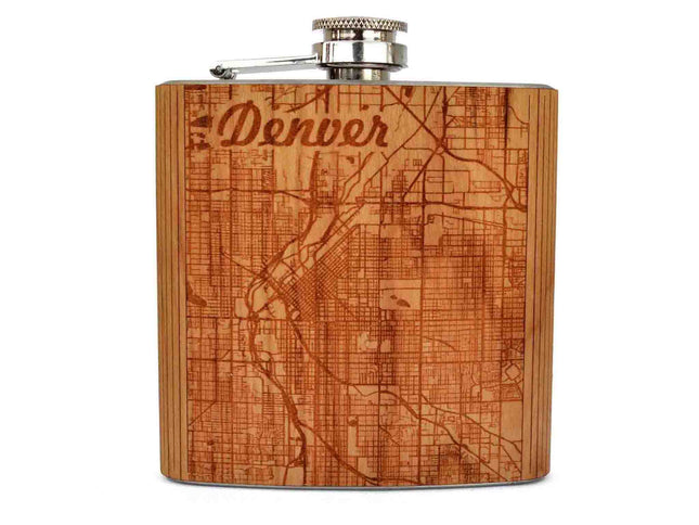 Wooden flask with engraved map design and 'Denver' text on a white background