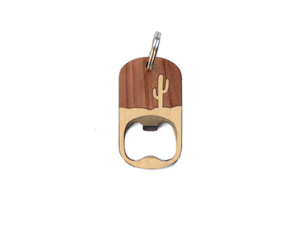 Wooden bottle opener with cactus design on a white background
