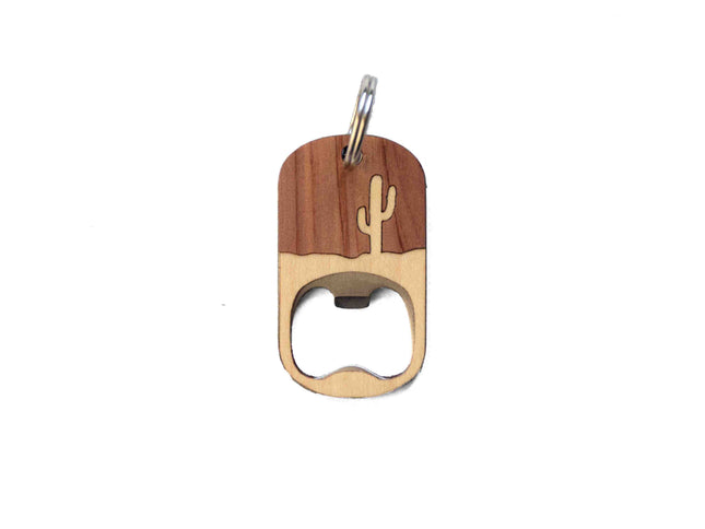 Wooden bottle opener with cactus design on a white background