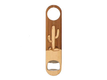 Wooden bottle opener with cactus design on a white background