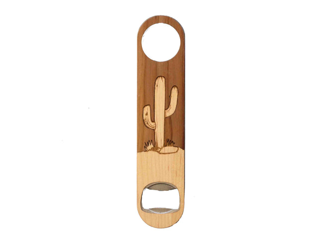 Wooden bottle opener with cactus design on a white background