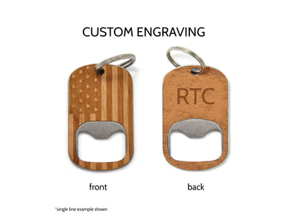 Wooden bottle opener keychain with American flag design on front and 'RTC' engraving on back, on a white background.