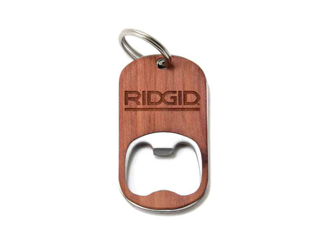 Wooden bottle opener keychain with 'Ridgid' branding on a white background