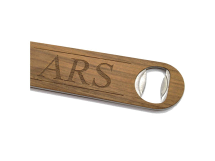 Wooden bottle opener with 'ARS' engraving on a white background