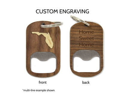 Wooden bottle opener keychain with engraved text on a white background