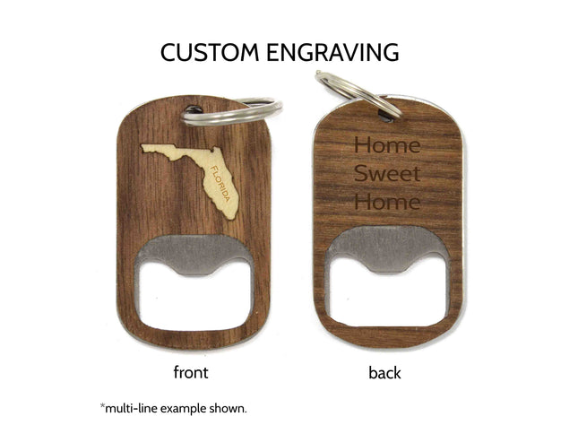 Wooden bottle opener keychain with engraved text on a white background