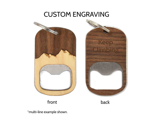Wooden bottle opener keychain with engraved text on a white background