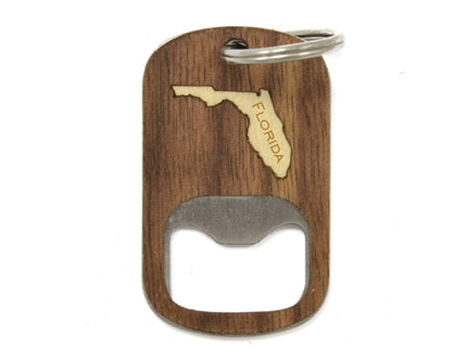 Wooden bottle opener keychain with Florida shape on a white background