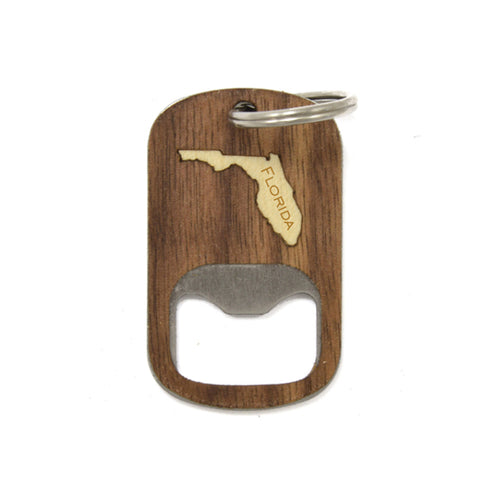 Wooden bottle opener keychain with Florida shape on a white background