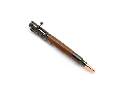 Bullet-shaped pen with wooden grip and metallic accents on a white background