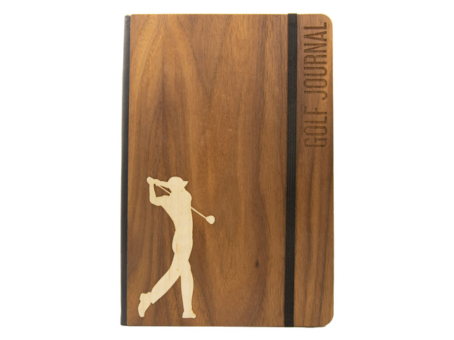 Wooden journal with golfer themed design on a white background