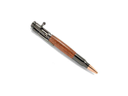 Pen with wooden grip and metallic accents on a white background