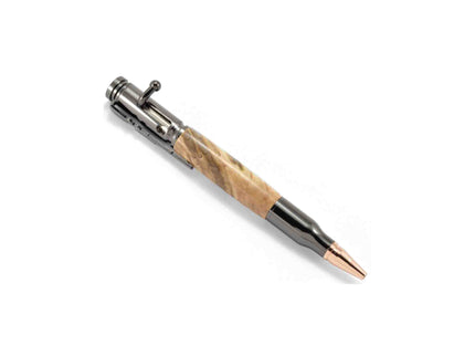 Pen with wooden grip and metallic accents on a white background