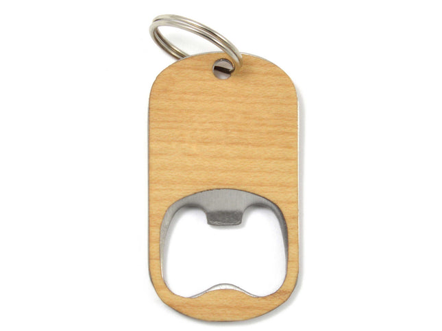 Wooden bottle opener keychain on a white background