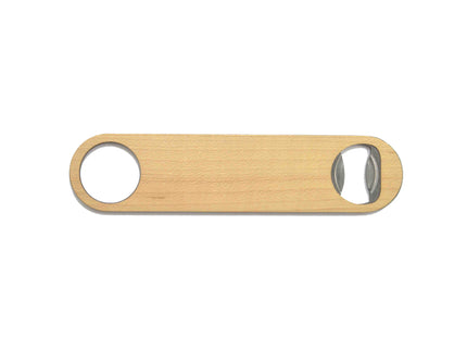 Wooden bottle opener with metal blades on a white background