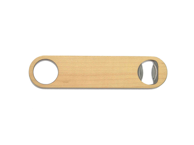 Wooden bottle opener with metal blades on a white background