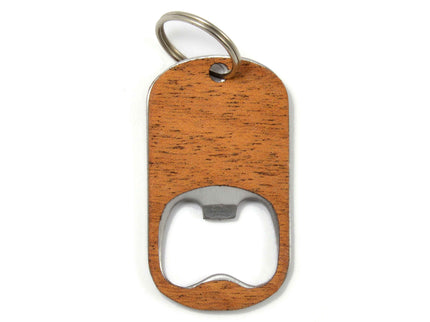 Wooden bottle opener with keychain on a white background